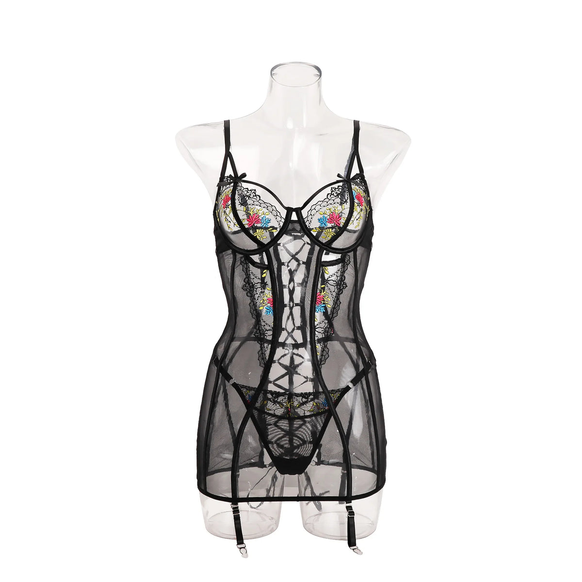 Women Mesh Sheer Lingerie Set Underwire Push Up Lace Back Garter Thong Sexy Bedroom Date Night Honeymoon Party Nightwear