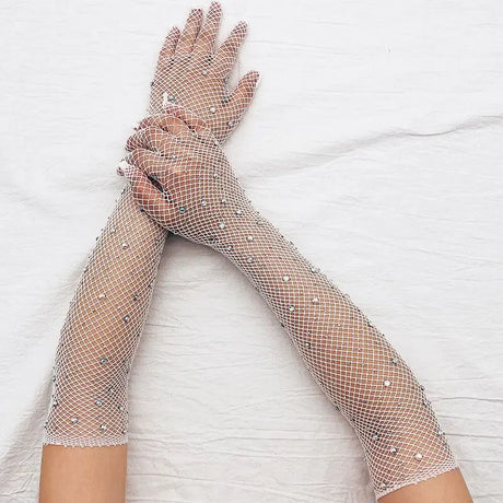 Sexy Elastic Mesh Gloves With Colored Flash Diamonds Bungee Stage Performance Hollow Fishing Net Punk Hiphop Women's Gloves R51