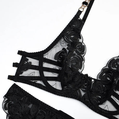 Luxury Floral Embroidery Lace Women's Lingerie Sets Seductive Jewel Strap Sheer Push Up Bra Panty Garter Belt 3PC Sexy Underwear