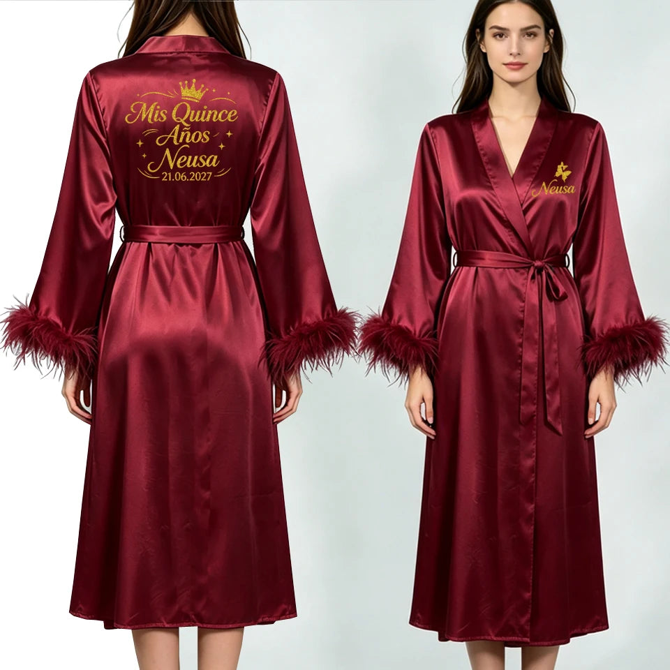 Custom Name Bride Robe Satin Feather Bridesmaid Robes Personalized Wedding Morning Gown Bachelorette Party Bathrobe