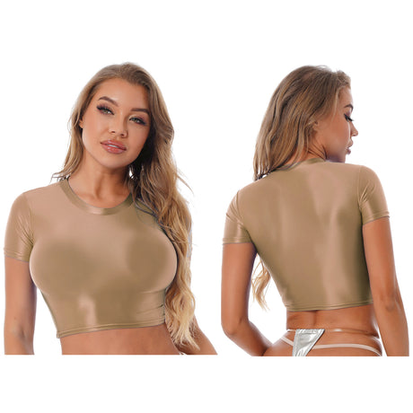 Womens Glossy Two-piece Outfit Oil Shiny Smooth High Waist Mini Skirt with Tank Top Nightclub Rave Outfit Pole Dancing Clubwear