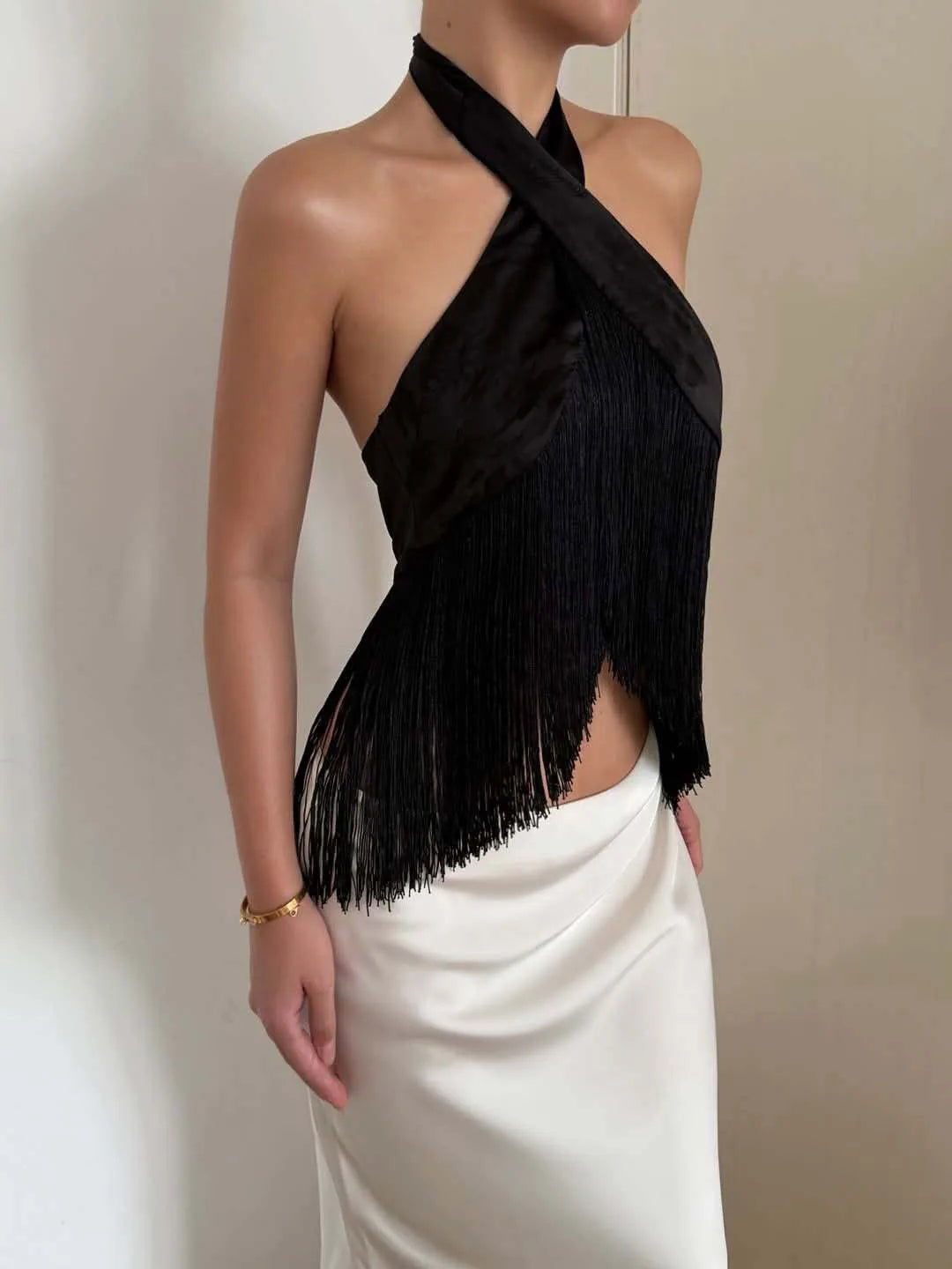 Women Satin Halter Top Asymmetrical Tassel Fringe Crop Top Backless Crisscross Neck Slim Fit Party Club Sleeveless Camisole