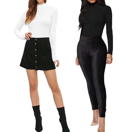 Women's Turtleneck Long Sleeve Bodysuit Women Jumpsuit Stretchy Layer Top Black Solid Color Slim Fit Overalls One Piece Outfit