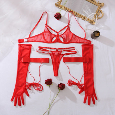 Diccvicc Transparent Mesh Lingerie Bandage Bra Fancy Cut Out Panty Set with Gloves Naked Women Sexy Underwear Uncensored Outfits