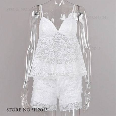 Sexy Female Pajamas Set Sleepwear Mujer Lingerie Hollow Out Lace Strap Top&shorts Pijamas Suit Summer New Nightwear Home Clothes