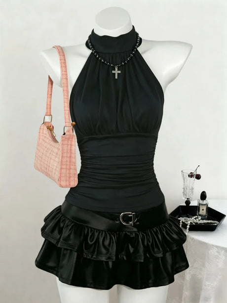 Women Beaded High Neck Halter Sleeveless Top Side Ruched Slim Fit Solid Black Crop Tank Top 2026 Summer Gothic Streetwear Club P