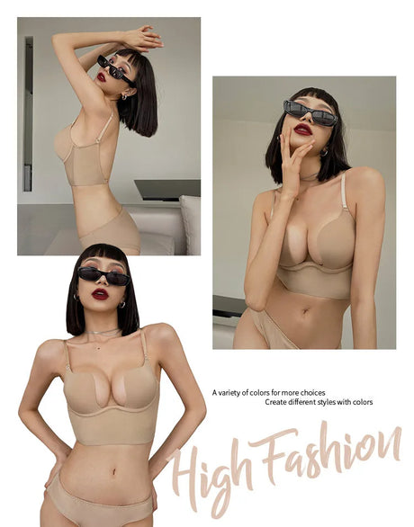 Deep U Low Cut Sexy Bra Push Up Backless Bra for Women Anti Sagging Cross Back Bras Solid Color One Piece Beauty Back Underwear