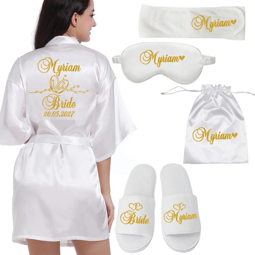 Customized Logo Wedding Date Name Bathrobe Faux Silk Bridal Robe Bride Bridesmaid Wedding Robes Woman Bachelorette Preparewear