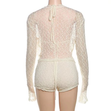 Women's Summer Solid Lace Cami Bra Cowl Neck Long Sleeve Top Shorts Set Fashion Casual Outfit Two Piece Set Women Sexy Club