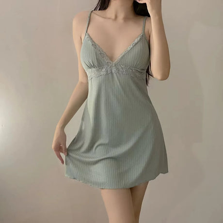 Womens Ribbed Knit Cami Dress Lace Trim V Neck Spaghetti Strap Mini Slip Nightgown Loungewear Casual Y2K Summer Sleep Dress Soft