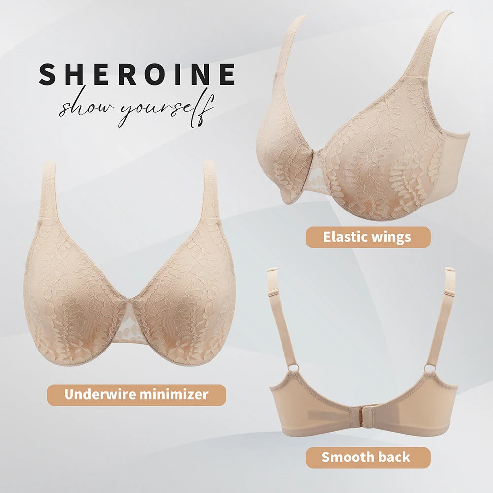 Sheroine Sexy Plus Size Minimizer Bra, Lace Underwire Non-Padded Lingerie for Women Lifting Support Comfort