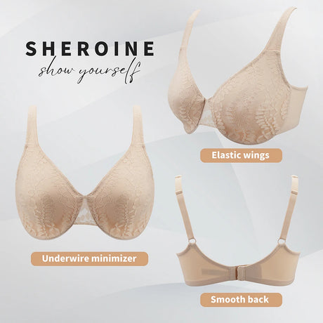 Sheroine Sexy Plus Size Minimizer Bra, Lace Underwire Non-Padded Lingerie for Women Lifting Support Comfort