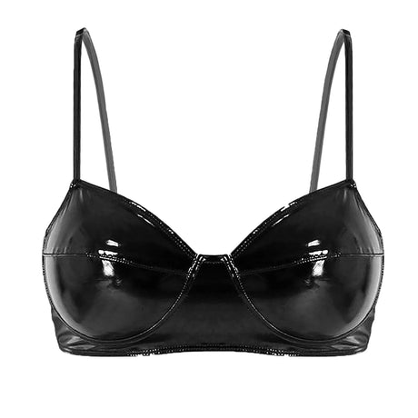 Womens Lingerie Fashion Wetlook Faux Leather Bra Sexy Wire-free No Pad Bra Top Brassiere Raves Pole Dances Costume Clubwear