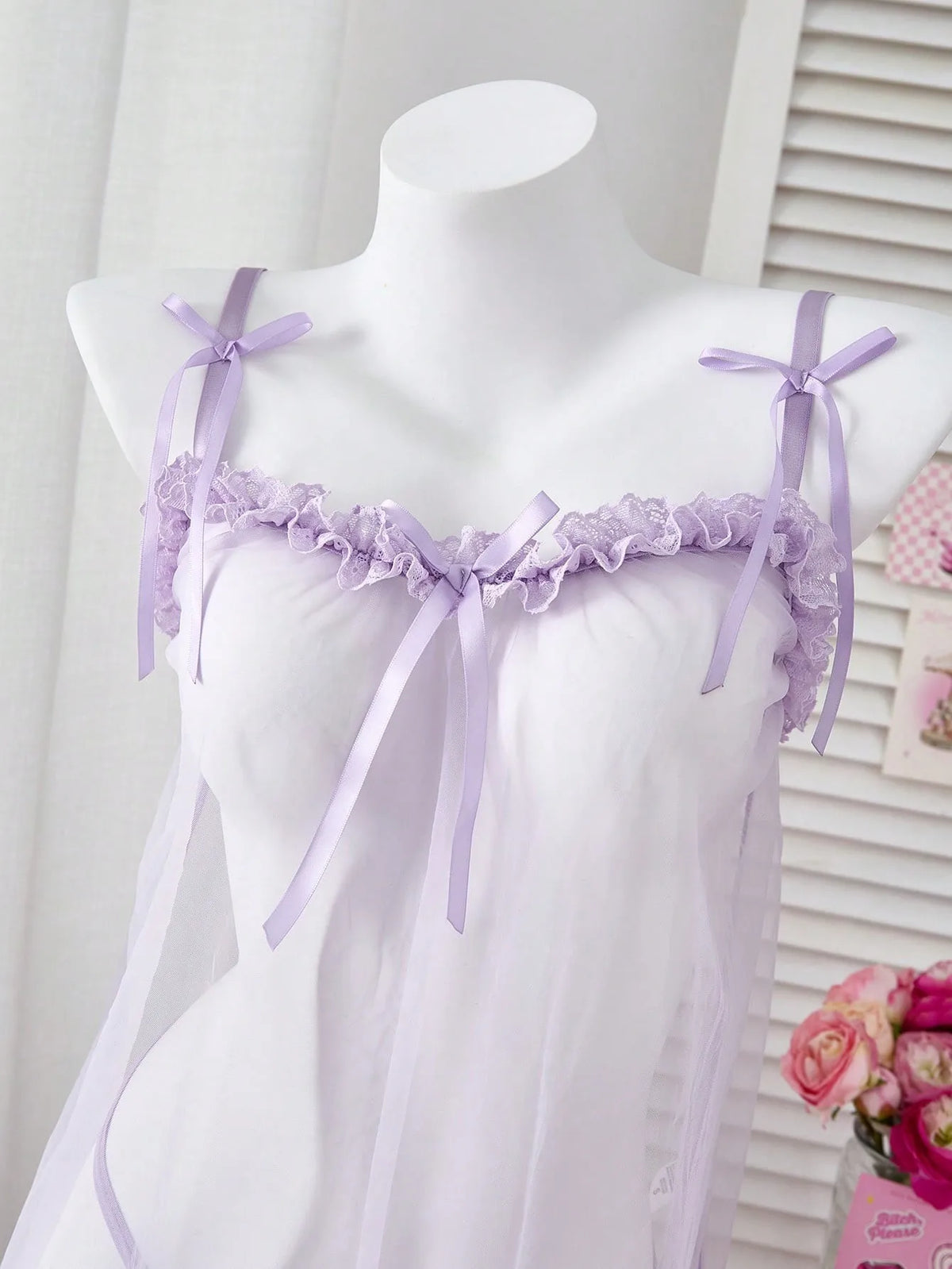 Ellolace Romantic Women's Casual Dresses Tempted Solid Sheer Cute Dress Thong 2PC Set Innocent Bownkow Decor Ruffled Sleepwear