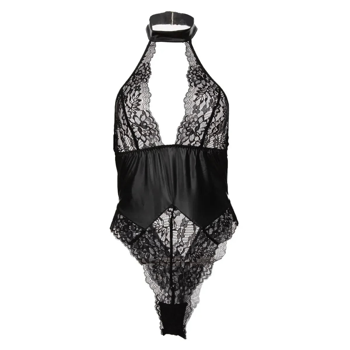 Porn Suit Women Sexy Lingerie Black PU Latex Leather Halter Lace Backless Bodysuit Underwear Skinny Bodycon Body Suit Teddies