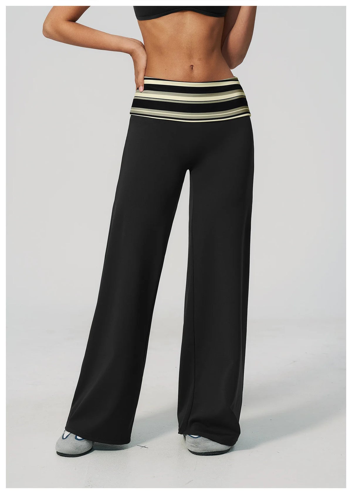 Fashion Polka Dot And Striped Wide Leg Pants For Women Fold Over Waist Bell-bottoms Flare Yoga Pants Push Up Workout Leggings