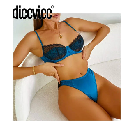 Diccvicc Lingerie Sexy Two Pieces Contrast Color Patchwork Sheer Lace Bra Satin Panty Set Daring Underwear Exotic Intimate Wear