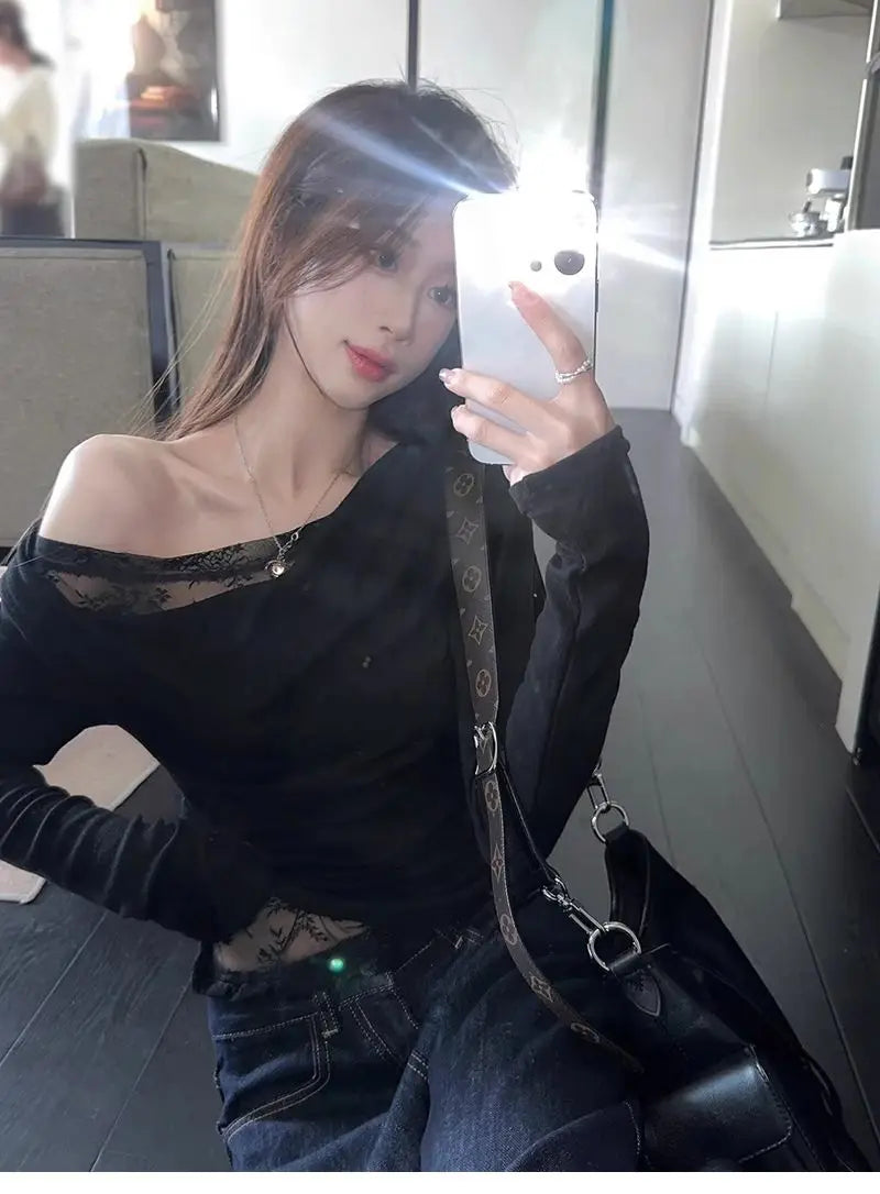 Lace Splice Asymmetrical Shoulder Long Sleeve T-Shirt Women's Slim Fit White Top for Autumn Winter Commute Casual Wear