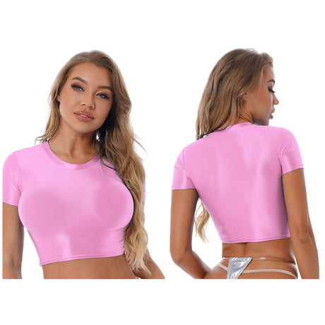 Womens Glossy Two-piece Outfit Oil Shiny Smooth High Waist Mini Skirt with Tank Top Nightclub Rave Outfit Pole Dancing Clubwear