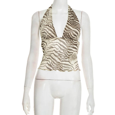 Halter V Neck Striped Print Tank Top Women Backless Sleeveless Bare Midriff Halter Crop Tops Female Tube Top Cropped Vest