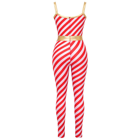 Christmas Candy Cane Women Cosplay Jumpsuit Gold Waistband Spaghetti Strap Romper Holiday Fancy Dress Xmas Themed Party Costume