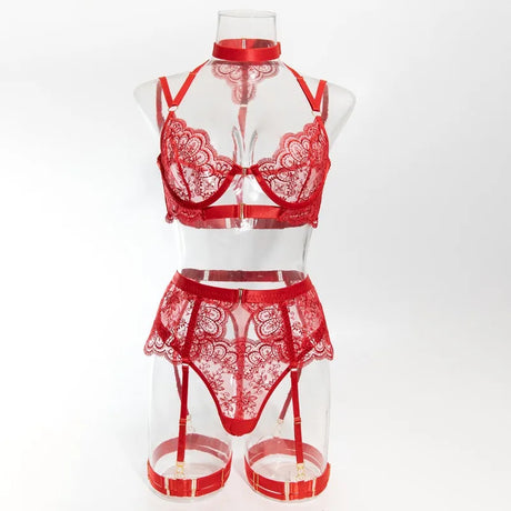 Sexy Lace Lingerie Set With Garter Belt Eyelash Underwire Bra Nude Illusion Strappy Sensual Costume Exotic Underwear Party Club