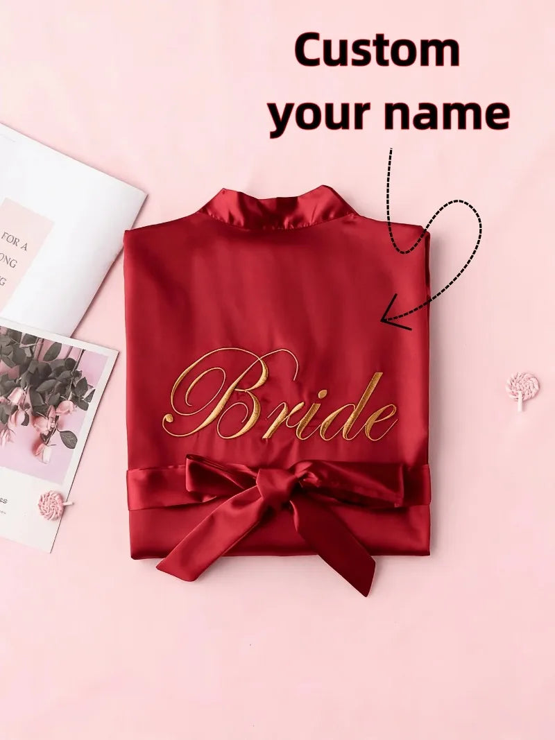 Custom Name Embroidery Satin Kimono Robe Personalized Name Bridesmaid Bride Wedding Getting Ready Morning Robe Bridal Party Gift