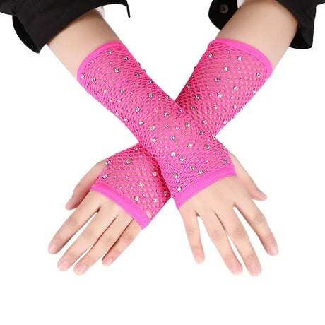 Sexy Elastic Mesh Gloves With Colored Flash Diamonds Bungee Stage Performance Hollow Fishing Net Punk Hiphop Women's Gloves R51