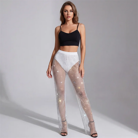 Women's High Waisted Rhinestone Mesh Pants Sparkling Crystal Net Design Sexy Party Clubwear Stretchy Fishnet Bottoms Leggings