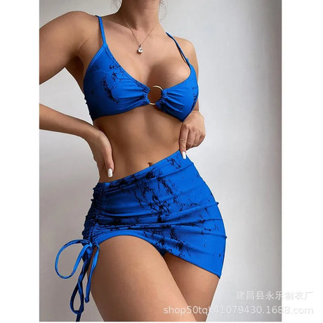 Bikini Printed Crop Neck Bikinis Ruched Waist Side Tie Swimwear Marble Print Metal Ring Detail Two Piece Sets