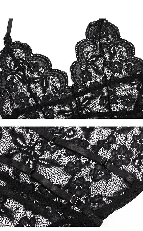 Hot Sexy Lace Solid Color Mesh Jumpsuit Sleeveless Backless Sling Deep V Neck Transparent Rompers For Women lingerie bodysuit