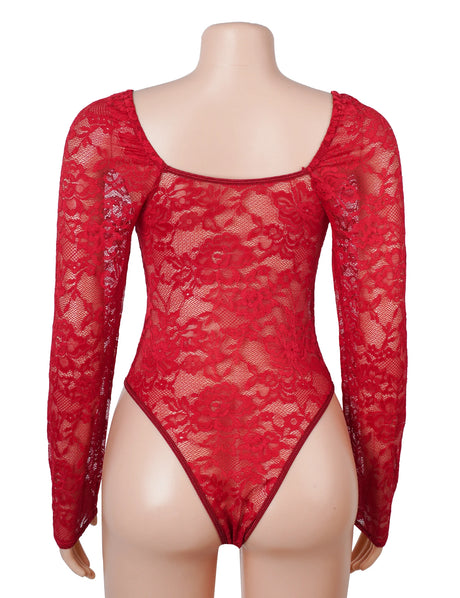 Women Sexy Lace Long Sleeve Bodysuit Underwire Square V Neck Open Crotch Clubwear Top Plus Size Snap Closure Teddy Lingerie