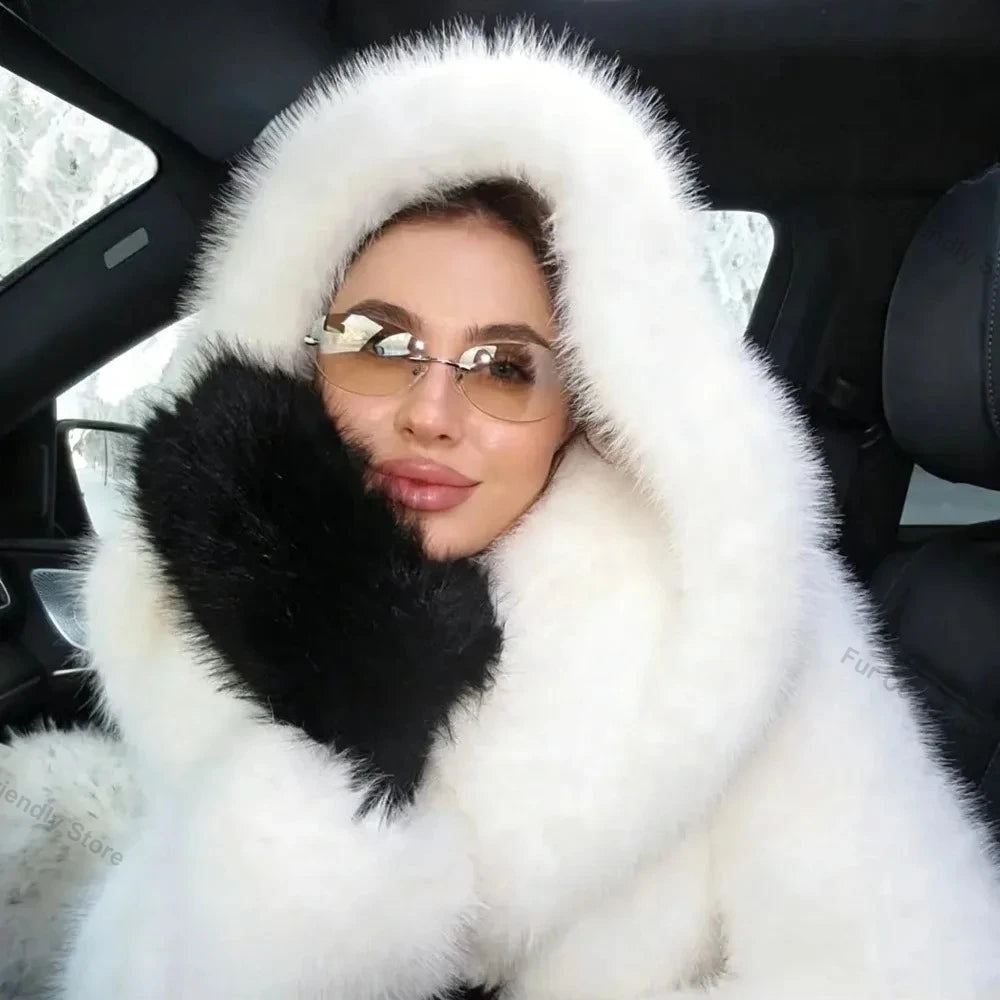 Women's Faux Fur Jacket White Mountain Fashion Hooded Cropped Faux Fur Coat Women Fluffy Women's Plush Coat Girls Hot Overcoat
