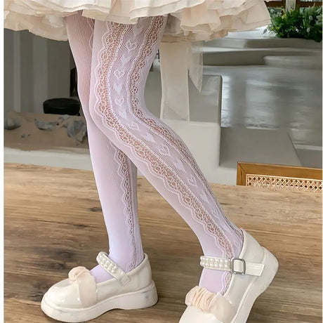 Lolita Girls Vertical Stripe Lace Mesh Pantyhose Cozy Wear Resistant Elastic Knit Elegant Sweet Princess Leggings