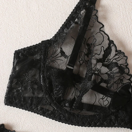 Krasapt Black Bow Embroidery See-Through Woman Lingerie 3Pcs Sexy Romantic Female Bra And Panty Garters Sets Exotic Onlyfans Kit
