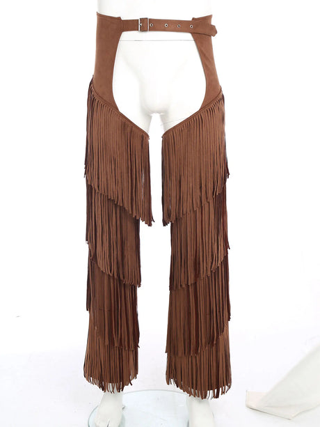 Mens Western Cowboy Chaps Fuax Suede Tassel Hollow Out Open Crotch Long Pants Adjustable Buckles Waist Motorcycle Biker Trousers