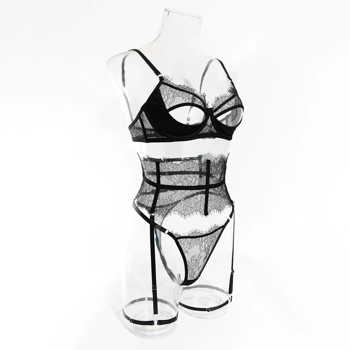 Diccvicc Eyelash Floral Lace Lingerie Cut Out Bra Wide Garter Underwear Set See Through Seductive Intimate Apparel Exotic Outfit