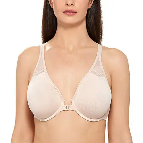 DELIMIRA Women's Front Closure Racerback Bras Plus Size Full Coverage Supportive Underwire Plunge Unlined Bra Underwear