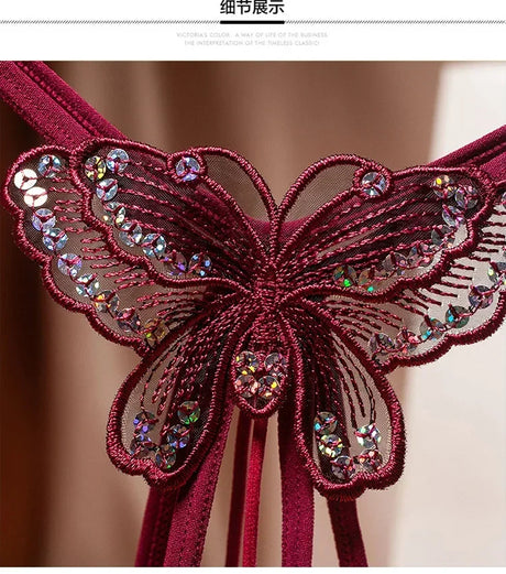 2026 Sex Thongs Embroidery Butterfly Sequin Pearl Massage Panties Sexy Lingerie Women's Open Crotch Lace T-back Female Underwear