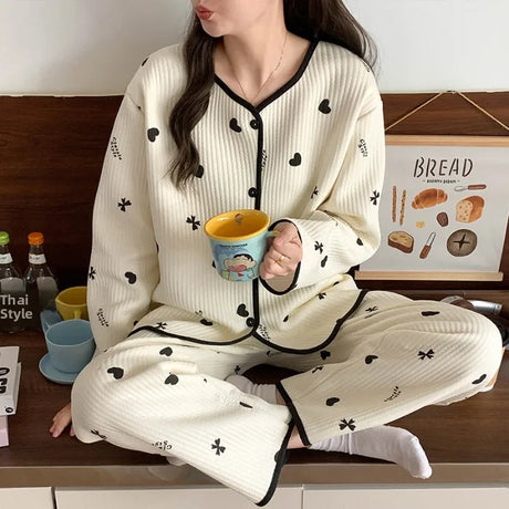 Thickened Air Cotton Sleepwear Set for Women Autumn Winter Polka Dot Home Clothes Korean Style Cute Girl Long Sleeve V-Neck