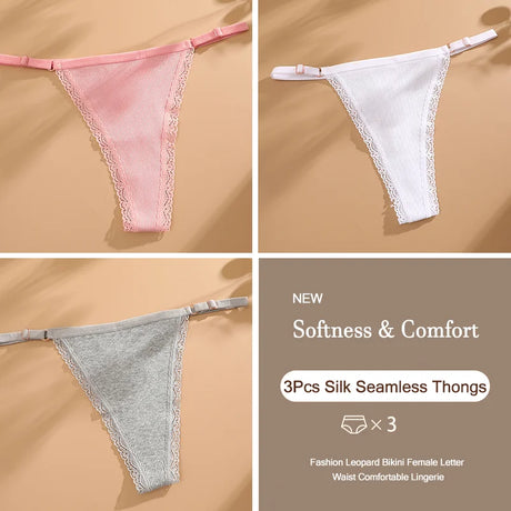 3Pcs/Set Cotton G-String Sexy Women Thong Adjustable Belt Seamless Panties Breathable Low Waist Lingerie Female Soft Solid Color