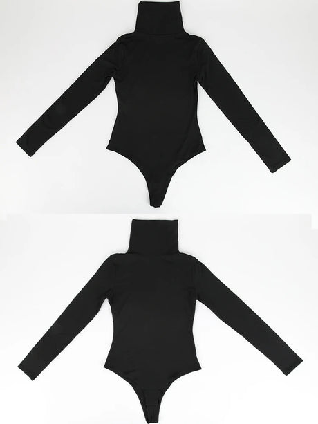 Women's Turtleneck Long Sleeve Bodysuit Women Jumpsuit Stretchy Layer Top Black Solid Color Slim Fit Overalls One Piece Outfit