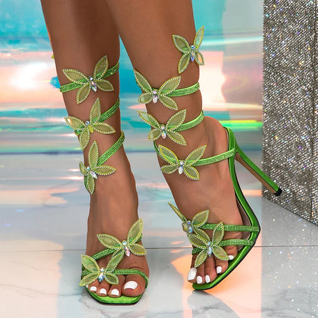 Liyke Summer Fashion Crystal Butterfly Ankle Strap Sandals Women Wedding Banquet Shoes Sexy Square Toe Green High Heels Size 42