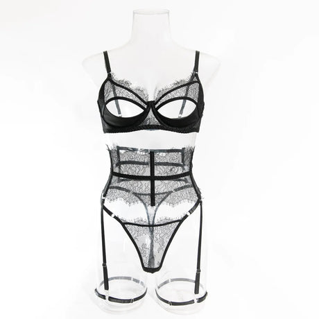 Diccvicc Eyelash Floral Lace Lingerie Cut Out Bra Wide Garter Underwear Set See Through Seductive Intimate Apparel Exotic Outfit