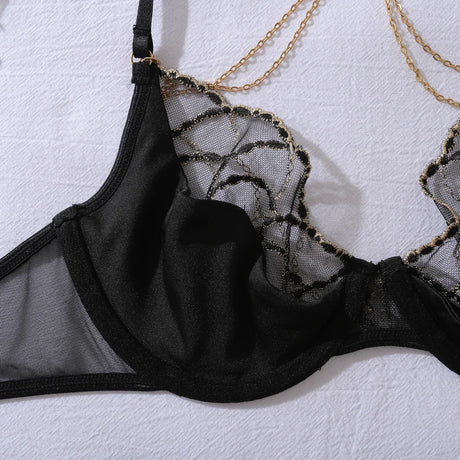 Romantic Women's Lingerie Intimate Sets Elegant Chains Bra Belt Thong 3PC with Gloves Stockings Shiny Intimate Honey Underwear