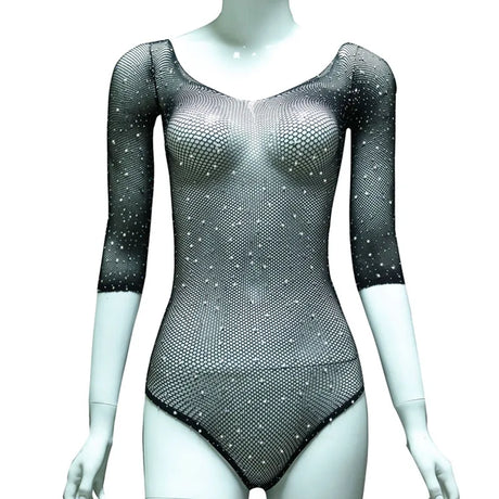See-through Women's Underwear Fishnet Bodysuit Sparkle Rhinestone Mesh Tight Teddys Porn Sexy Lingerie Body Suit Erotic Costumes