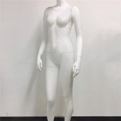 Fishnet Bling Diamonds Women Dress High Split Plaid See Through Sleeveless Summer Sexy Slim Long Dresses Dance Party Fashion New