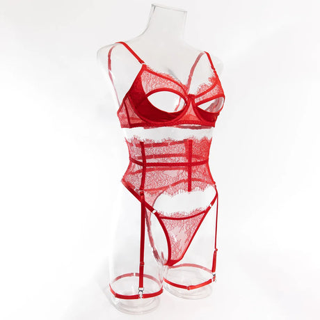Diccvicc Eyelash Floral Lace Lingerie Cut Out Bra Wide Garter Underwear Set See Through Seductive Intimate Apparel Exotic Outfit