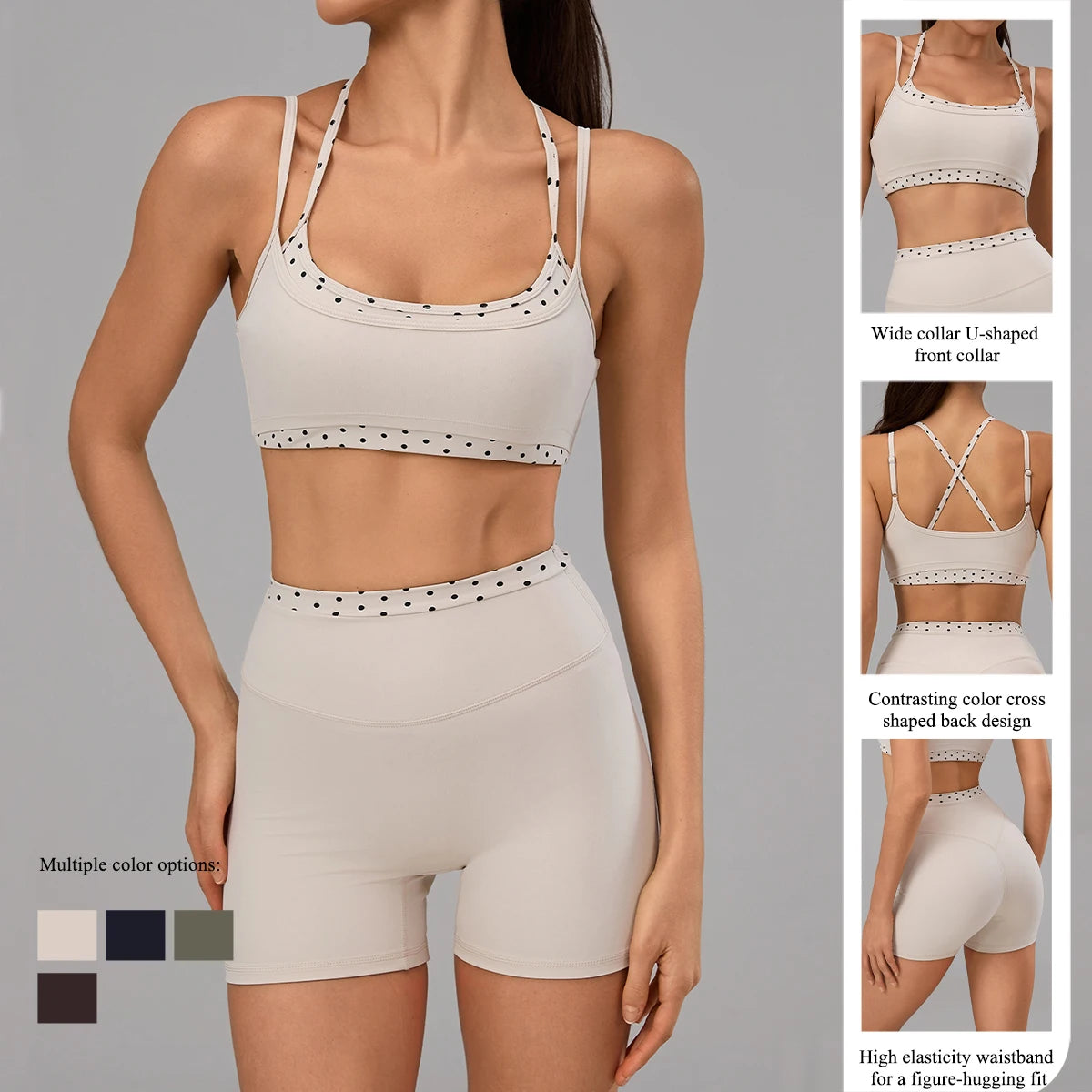 Hearuisavy 2Pcs Fitness Set Women Polka Dot Cross Back Sports Bra High Waisted Push Up Shorts Gym Quick Dry Workout Yoga Suit
