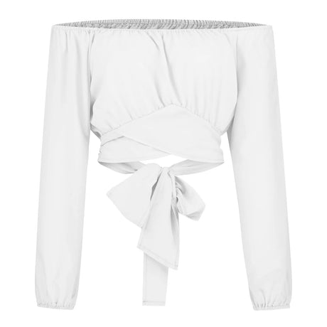 Women Sexy Off Shoulder Printing Blouses Chic and Elegant Lantern Long Sleeve Lace Up Bow Cropped Tops Casual Slim Shirts 2023